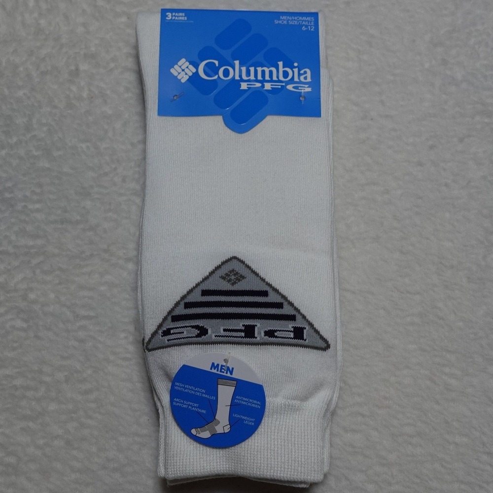 Columbia PFG Crew Socks Men 6-12 White 3-Pack Performance Fishing Gear RCL392MAP
